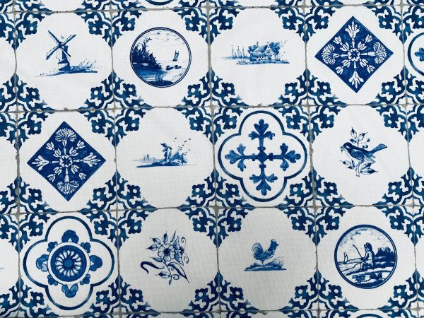 Dutch Tile Geometric Fabric Ceramic Effect Delft Blue Windmill Holland Tulips Cotton Curtain Upholstery Material - 55"/140cm wide