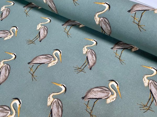 Heron Bird Print Linen Look Fabric Home Decor Upholstery Curtain Cotton Material 55" or 140cm Wide Grey Green