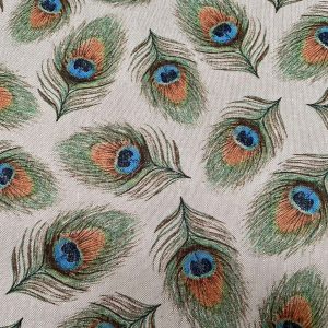 Linen Look Peacock Feathers Fan Print Fabric Upholstery Curtain Cotton Material 55" or 140cm Wide