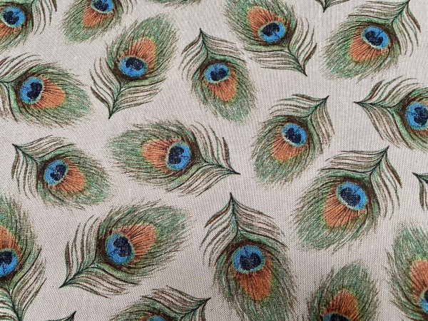 Linen Look Peacock Feathers Fan Print Fabric Upholstery Curtain Cotton Material 55" or 140cm Wide