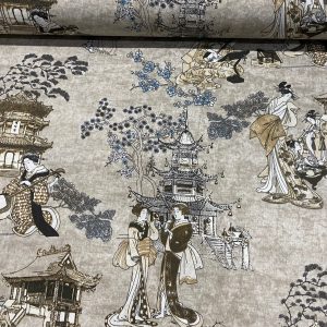Geisha Japanese Pagoda Oriental Floral Linen Look Curtain Fabric Material - 140cm or 55'' Wide Textile - Beige