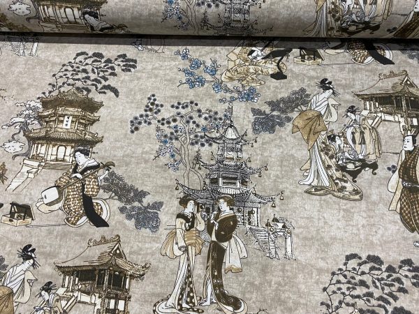 Geisha Japanese Pagoda Oriental Floral Linen Look Curtain Fabric Material - 280cm or 110'' EXTRA Wide Textile - BEIGE - Image 5