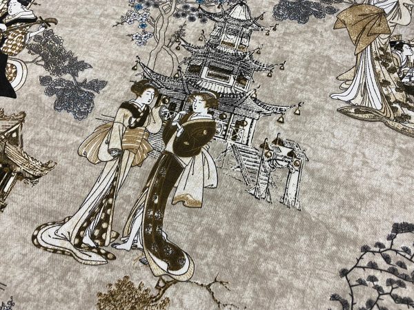 Geisha Japanese Pagoda Oriental Floral Linen Look Curtain Fabric Material - 280cm or 110'' EXTRA Wide Textile - BEIGE - Image 4