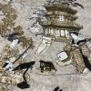 Geisha Japanese Pagoda Oriental Floral Linen Look Curtain Fabric Material - 140cm or 55'' Wide Textile - Beige - Image 3