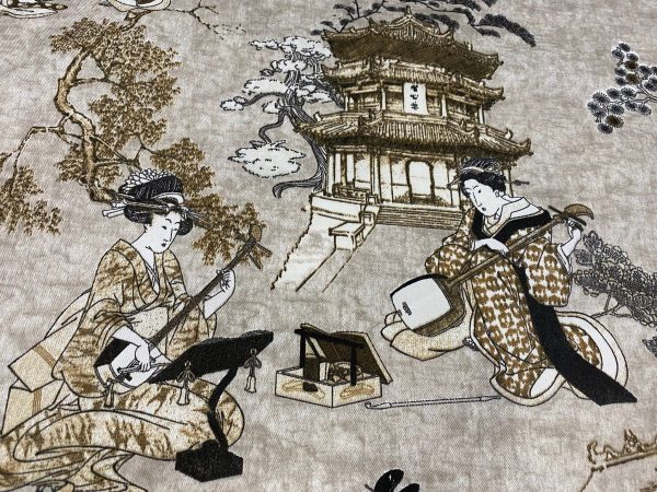 Geisha Japanese Pagoda Oriental Floral Linen Look Curtain Fabric Material - 280cm or 110'' EXTRA Wide Textile - BEIGE - Image 3