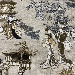 Geisha Japanese Pagoda Oriental Floral Linen Look Curtain Fabric Material - 280cm or 110'' EXTRA Wide Textile - BEIGE