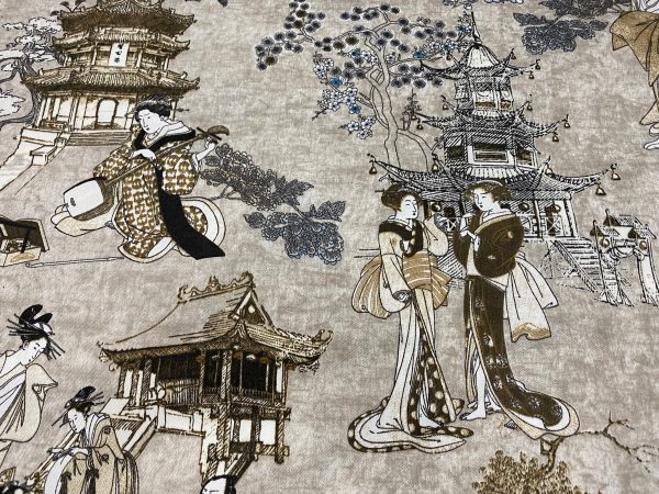 Geisha Japanese Pagoda Oriental Floral Linen Look Curtain Fabric Material - 280cm or 110'' EXTRA Wide Textile - BEIGE