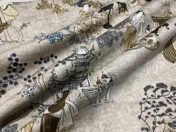 Geisha Japanese Pagoda Oriental Floral Linen Look Curtain Fabric Material - 280cm or 110'' EXTRA Wide Textile - BEIGE - Image 2