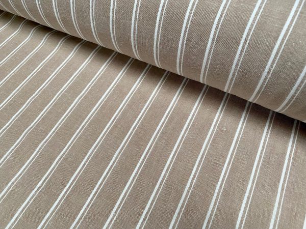 Silky Linen Blend Marine Stripe Fabric Light White Striped Material Home Decor, Dressmaking - 57" or 145cm wide - Beige - Image 2