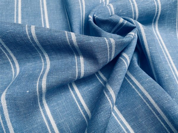 Silky Linen Blend Marine Stripe Fabric Light White Striped Material Home Decor, Dressmaking - 57" or 145cm wide - Denim Blue