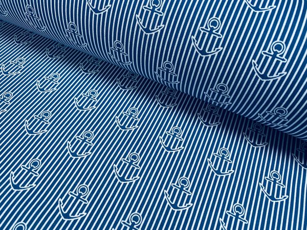 Anchor Stripe Fabric - Curtains, Upholstery, Dress Material - Striped Nautical Marine Design - 140cm or 55" Wide Canvas - BLUE & WHITE