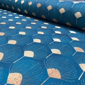 Art Deco GOLDEN Peacock Fans Geometric Damask Floral Fabric Fountain Leaf Curtains Upholstery Home Decor 110"/280cm Wide - Teal Blue & Gold