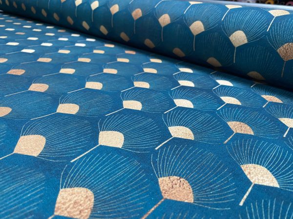 Art Deco GOLDEN Peacock Fans Geometric Damask Floral Fabric Fountain Leaf Curtains Upholstery Home Decor 110"/280cm Wide - Teal Blue & Gold