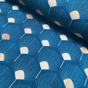 Art Deco GOLDEN Peacock Fans Geometric Damask Floral Fabric Fountain Leaf Curtains Upholstery Home Decor - 55"/140cm Wide - Teal Blue & Gold
