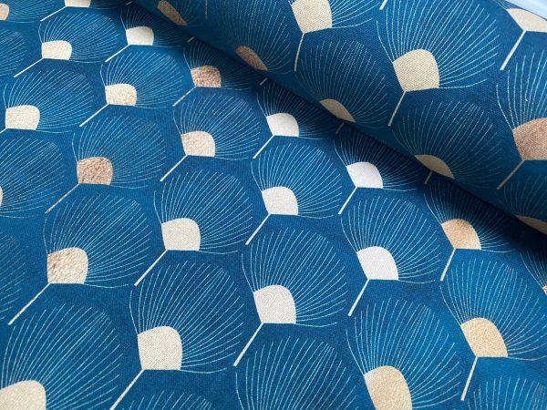 Art Deco GOLDEN Peacock Fans Geometric Damask Floral Fabric Fountain Leaf Curtains Upholstery Home Decor - 55"/140cm Wide - Teal Blue & Gold