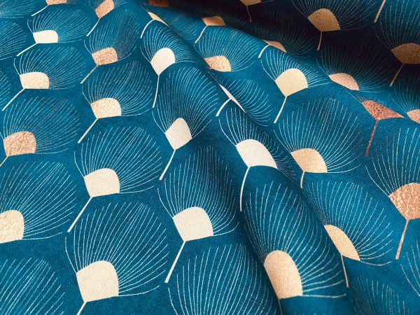 Art Deco GOLDEN Peacock Fans Geometric Damask Floral Fabric Fountain Leaf Curtains Upholstery Home Decor - 55"/140cm Wide - Teal Blue & Gold - Image 5