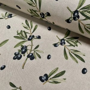 Black Olives Branch Fabric Olive Print Green Leaf Tree Linen Look Upholstery Kitchen Curtain Cotton Material 55" or 140cm Wide