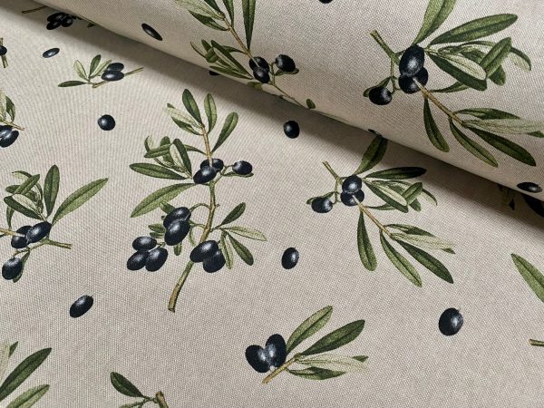 Black Olives Branch Fabric Olive Print Green Leaf Tree Linen Look Upholstery Kitchen Curtain Cotton Material 55" or 140cm Wide