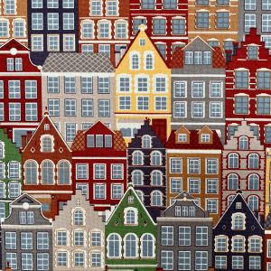 Amsterdam Canal House Fabric Holland Village Print Home Decor Curtain Upholstery Material - 55" or 140cm Wide Canvas - Multi