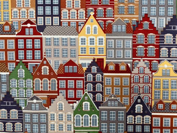 Amsterdam Canal House Fabric Holland Village Print Home Decor Curtain Upholstery Material - 55" or 140cm Wide Canvas - Multi