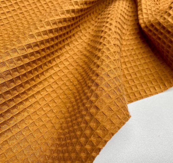 Cotton WAFFLE Pique Honeycombe Fabric Material - Bathrobe, Gown, Towel, Cushion - 59" or 150cm wide - DARK OCHRE