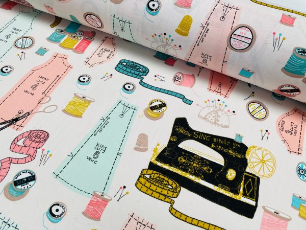 Sewing Supplies Print Fabric Pins Scissors Thread Spools Home Decor Curtain Upholstery Material - 55" or 140cm Wide Canvas - Pink