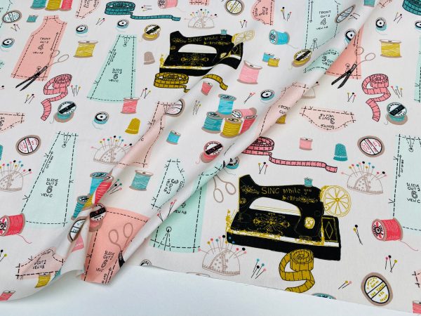 Sewing Supplies Print Fabric Pins Scissors Thread Spools Home Decor Curtain Upholstery Material - 55" or 140cm Wide Canvas - Pink - Image 2