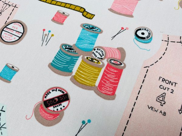 Sewing Supplies Print Fabric Pins Scissors Thread Spools Home Decor Curtain Upholstery Material - 55" or 140cm Wide Canvas - Pink - Image 4