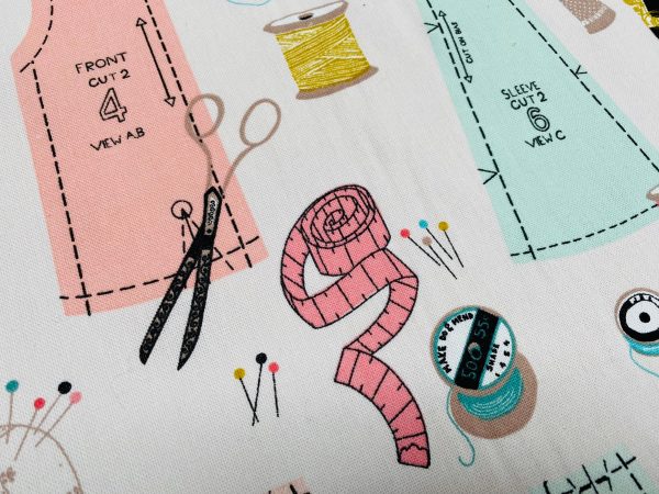 Sewing Supplies Print Fabric Pins Scissors Thread Spools Home Decor Curtain Upholstery Material - 55" or 140cm Wide Canvas - Pink - Image 5