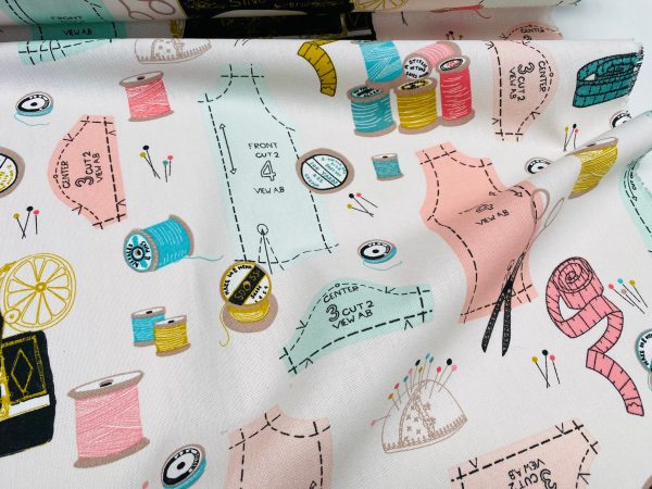 Sewing Supplies Print Fabric Pins Scissors Thread Spools Home Decor Curtain Upholstery Material - 55" or 140cm Wide Canvas - Pink - Image 6