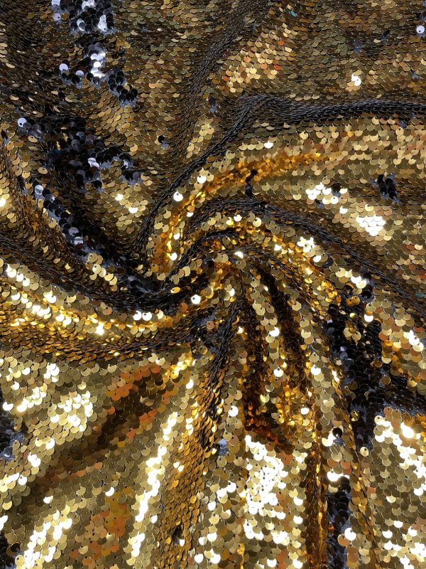 MERMAID Reversible 5mm Sequin Fabric Flip Two Tone Stretch Material - 130cm wide - Black & Gold sequins - Image 6