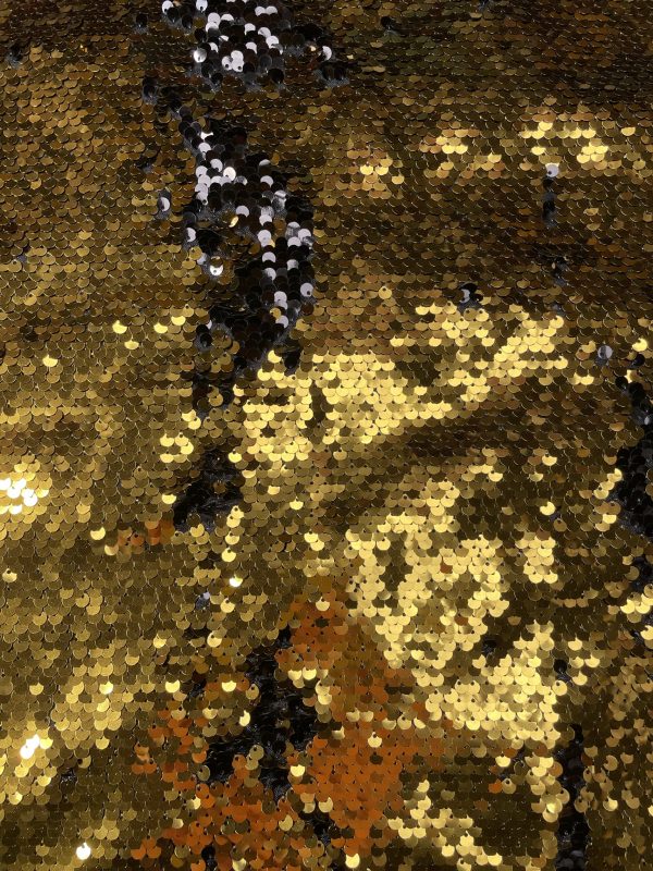MERMAID Reversible 5mm Sequin Fabric Flip Two Tone Stretch Material - 130cm wide - Black & Gold sequins - Image 4