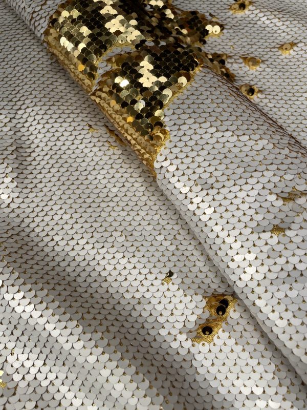 MERMAID Reversible 5mm Sequin Fabric Flip Two Tone Stretch Material - 130cm wide - Ivory & Champagne Gold sequins - Image 8