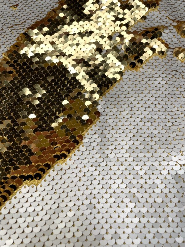 MERMAID Reversible 5mm Sequin Fabric Flip Two Tone Stretch Material - 130cm wide - Ivory & Champagne Gold sequins - Image 6