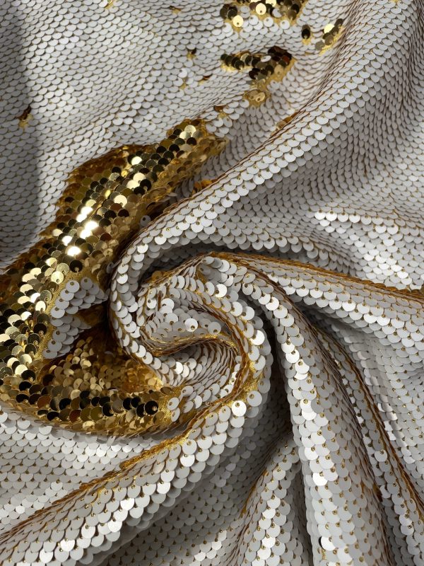MERMAID Reversible 5mm Sequin Fabric Flip Two Tone Stretch Material - 130cm wide - Ivory & Champagne Gold sequins - Image 5