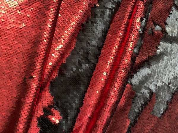MERMAID Reversible 5mm Sequin Fabric Flip Two Tone Stretch Material - 130cm wide - Black & Red sequins - Image 4