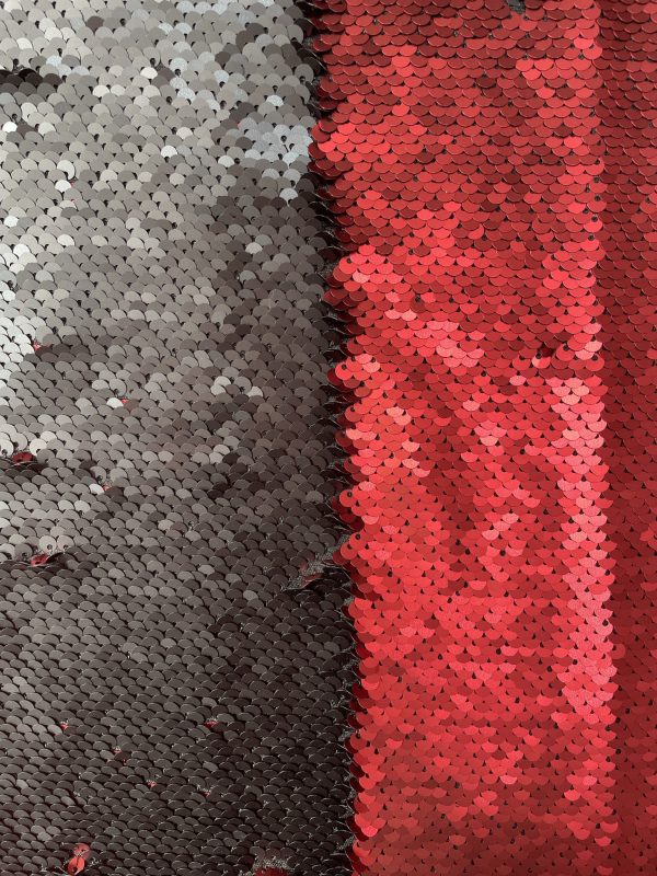 MERMAID Reversible 5mm Sequin Fabric Flip Two Tone Stretch Material - 130cm wide - Black & Red sequins - Image 5