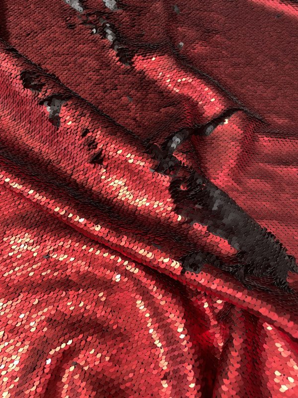 MERMAID Reversible 5mm Sequin Fabric Flip Two Tone Stretch Material - 130cm wide - Black & Red sequins - Image 2