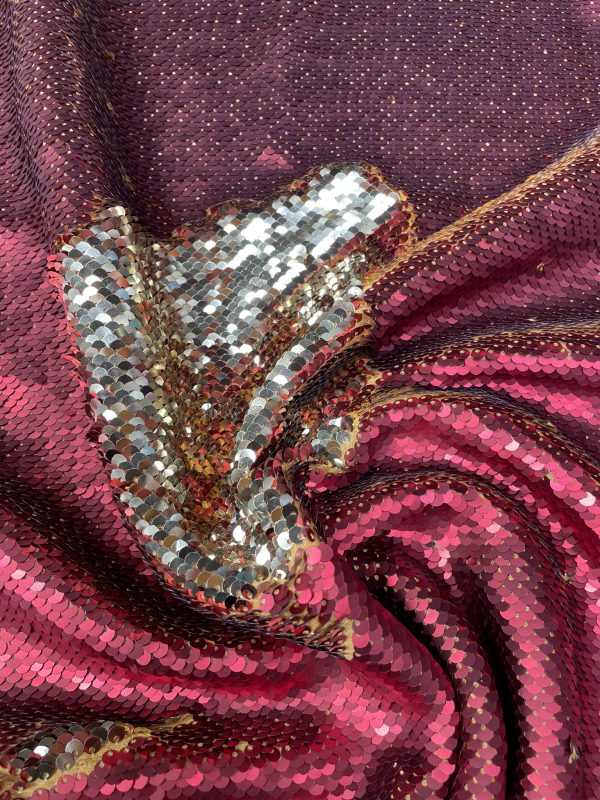 MERMAID Reversible 5mm Sequin Fabric Flip Two Tone Stretch Material - 130cm wide - Red & Gold sequins