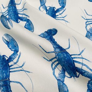 Blue Lobster Print Fabric Curtains Upholstery Dress Material Nautical Marine - 136cm Wide White Canvas