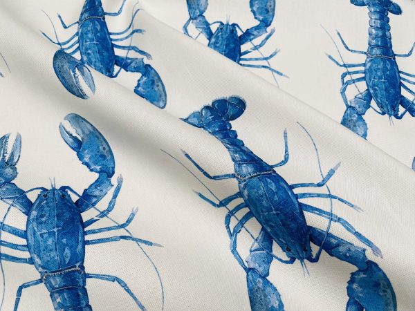 Blue Lobster Print Fabric Curtains Upholstery Dress Material Nautical Marine - 136cm Wide White Canvas