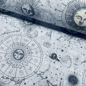 Zodiac Print Fabric Sky Stars Galaxy Space Astrology Horoscope Sun Moon Celestial Curtains Upholstery Dress Material 140cm wide - GREY