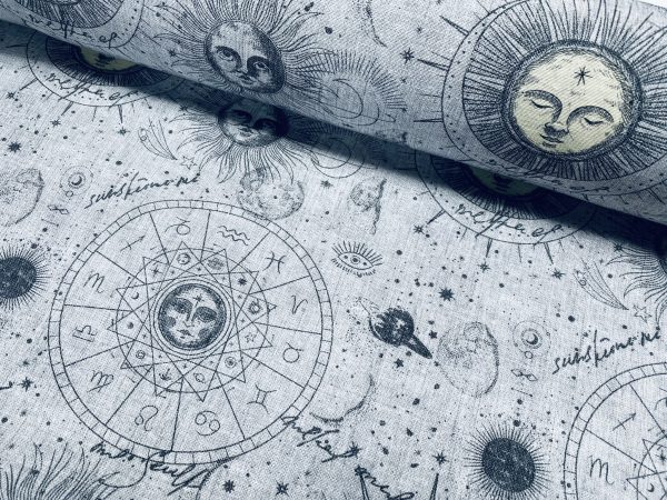 Zodiac Print Fabric Sky Stars Galaxy Space Astrology Horoscope Sun Moon Celestial Curtains Upholstery Dress Material 140cm wide - GREY