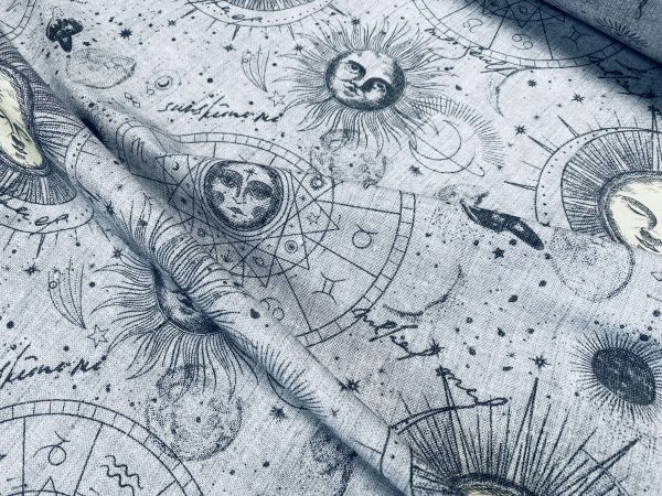 Zodiac Print Fabric Sky Stars Galaxy Space Astrology Horoscope Sun Moon Celestial Curtains Upholstery Dress Material 140cm wide - GREY - Image 4