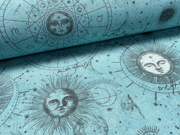 Zodiac Print Fabric Sky Stars Galaxy Space Astrology Horoscope Sun Moon Celestial Curtains Upholstery Dress Material 140cm wide - TURQUOISE
