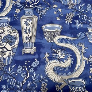 WHITE Chinese Dragon Digitally Printed Fabric Asian Porcelain Motif Material Home Decor Curtain Upholstery 140cm or 55" wide - Blue & White