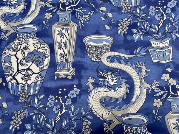 WHITE Chinese Dragon Digitally Printed Fabric Asian Porcelain Motif Material Home Decor Curtain Upholstery 140cm or 55" wide - Blue & White