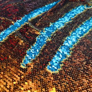MERMAID Reversible 5mm Sequin Fabric Flip Two Tone Material - 130cm wide - Bronze Gold & Turquoise Blue Sequins