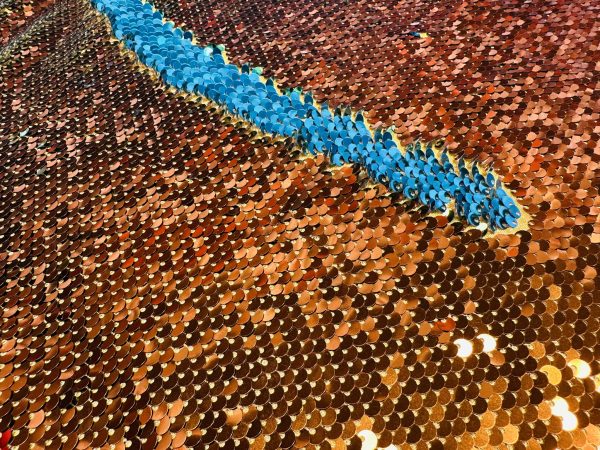 MERMAID Reversible 5mm Sequin Fabric Flip Two Tone Material - 130cm wide - Bronze Gold & Turquoise Blue Sequins - Image 4