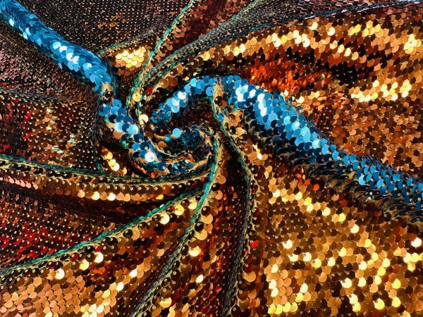 MERMAID Reversible 5mm Sequin Fabric Flip Two Tone Material - 130cm wide - Bronze Gold & Turquoise Blue Sequins - Image 3